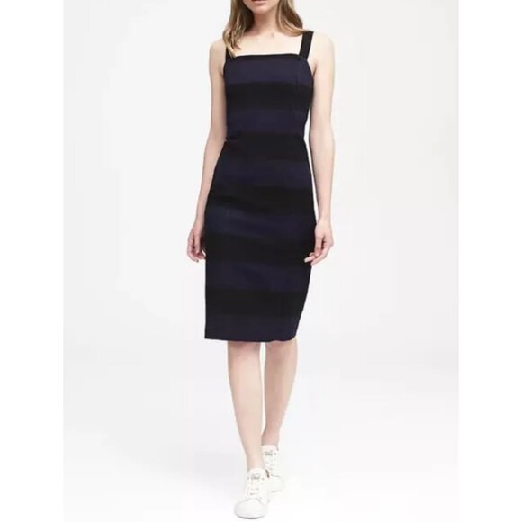 Banana Republic Womens Stripe Square Neck Bi Stretch Dress Blue Black size 8 - Picture 1 of 14